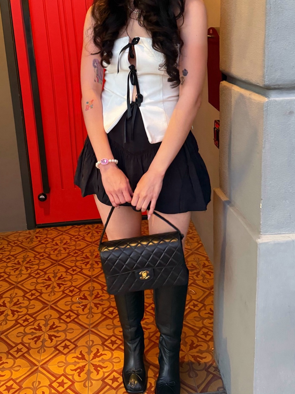 Zara White Corset Top with Black Bow Details